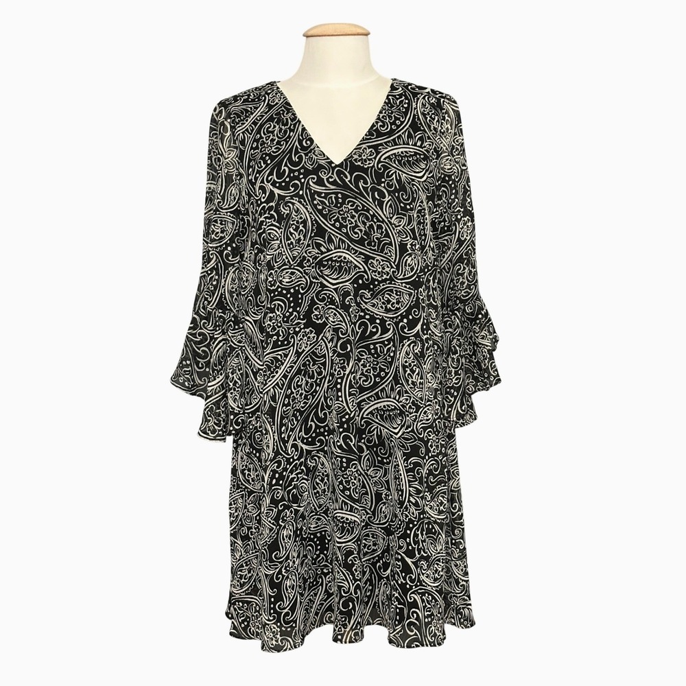 Calvin Klein Womens Dress 10 Black White Paisley Chiffon Bell Shift Retro Boho